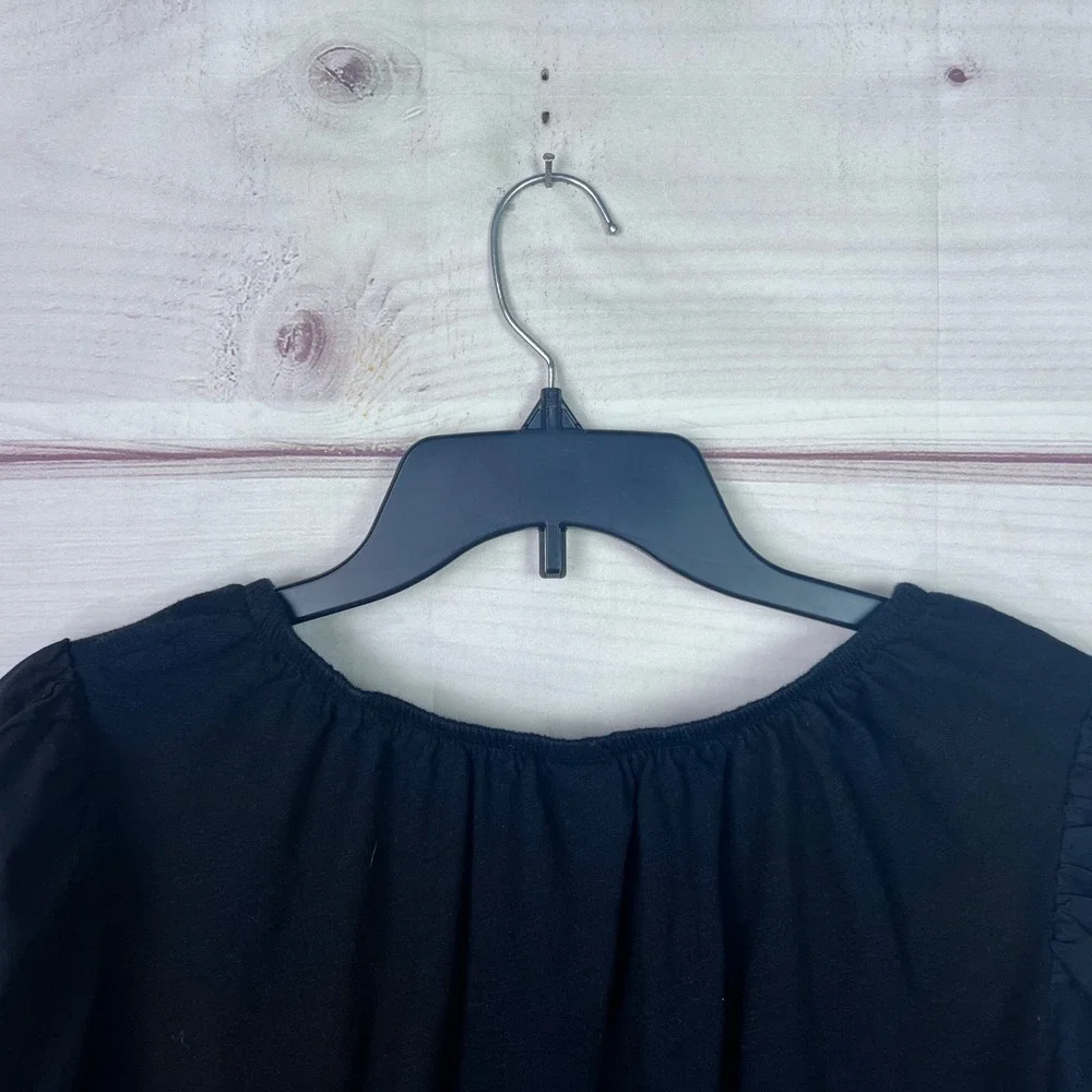 Old Navy Top Women L Black Puff Sleeve Blouse Keyhole Neck Cotton Solid Pullover